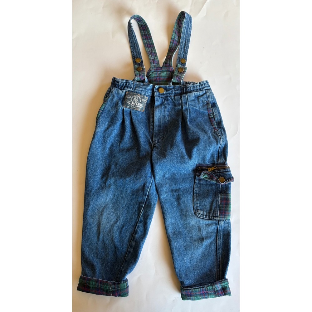 Vintage Tow Away Zone Kids Plaid Lined Denim Overalls Medium Wash‎ Size 4 90s